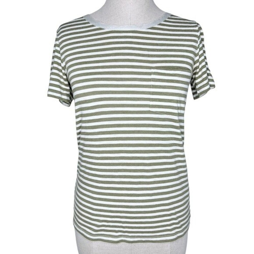 J. Crew Striped T-Shirt sz XS * Olive Green Cream Silver Metallic Crew Neck Tee